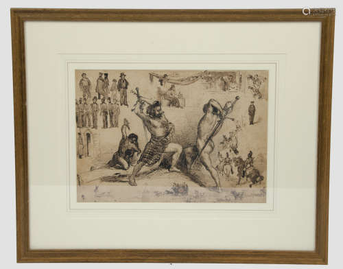 Sir John Gilbert R.A. (1817-1897) pen ink and coloured washes on paper, 'Study of Two Figures