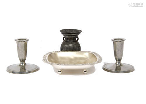 A pair of Just Anderson Danish candlesticks, stamped to base, 8 cm high, a Just Anderson Pewter