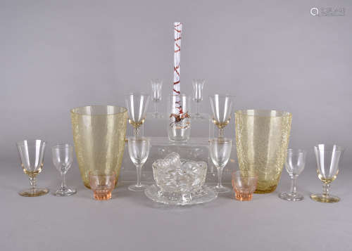 A quantity of miscellaneous glassware, including a pair of crackle decoration tapered vases, a set