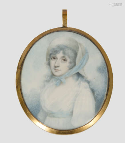 Moses Griffith (1749-1819) miniature, 'Portrait of a Young Lady Wearing a Bonnet, White Dress and