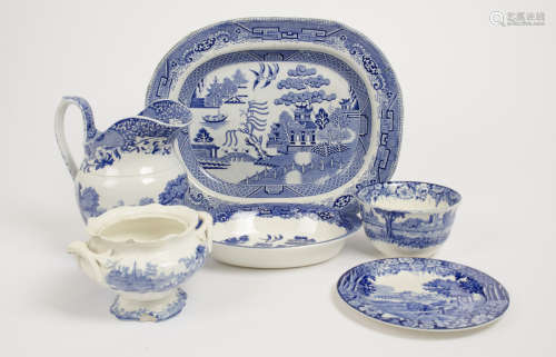 A collection of blue and white ceramics, including four items from Wood & Sons Enoch Woods Castle