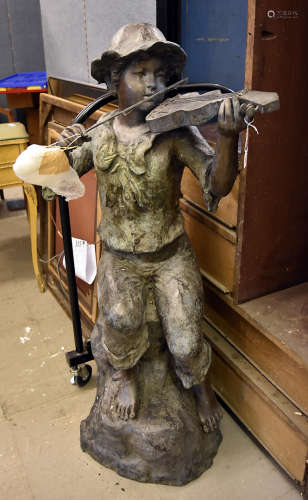 A bronzed garden sculpture of a boy playing a violin, indistinctly signed and marked, 110 cm high