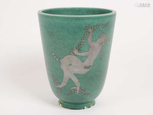 A Wilhelm Kage (1889-1960) for Gustavsberg stoneware 'Argenta' tapering vase on spreading base,