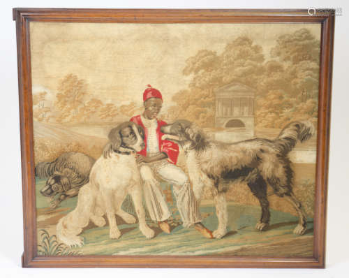 A 19th Century woolwork tapestry of a boy with dogs in the grounds of a stately home, 55.5 cm x 65.5