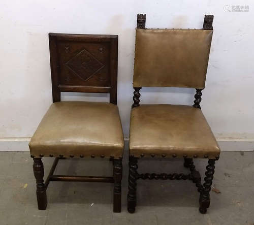 An 18th Century carved oak and studded leather hall chair, back panel decorated with carved lozenge,