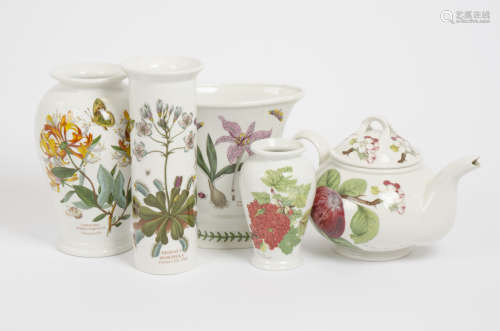A collection of Portmeiron 'Botanic Garden' pattern ceramics, including four vases, two tea pots,