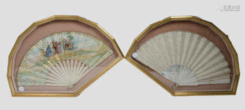 Two framed 19th century fans, one with pierced bone sticks and a double paper leaf printed and