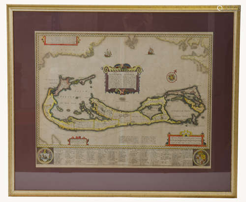 Abraham Goos (c. 1590-1643) after John Speed (1551-1629) later coloured map of Bermuda, 'Mappa