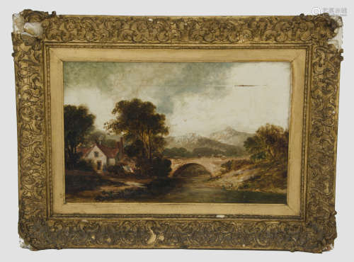 19th Century English School oil on canvas, 'River Landscape with Mountains Beyond', indistinctly