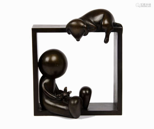 Doug Hyde (b. 1972) limited edition bronze sculpture of a boy and his dog in a square frame,