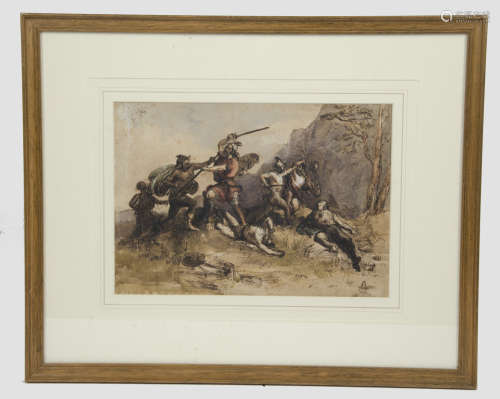 Sir John Gilbert R.A. (1817-1897) pen ink and coloured washes on paper, 'A Highland Battle', 24 cm x