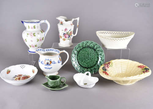 A collection of miscellaneous ceramics, including a Leeds creamware basket and stand, a set of green