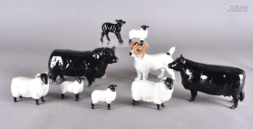 A collection of ceramic animals by Beswick including calf (af) Jack Russell Terrier, herd of