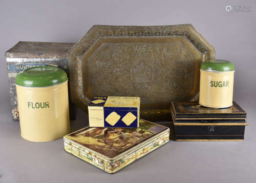 A collection of early 20th Century tins and metalware, including a cash box, Huntley and Palmer