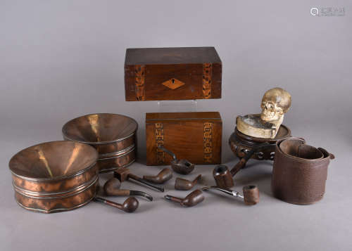 A pair of 19th Century copper spittoons, together with a collection of briar pipes, a novelty