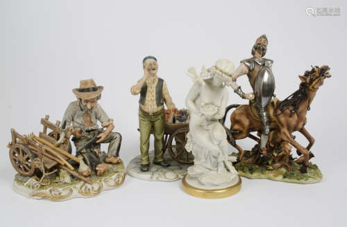 A group of Capodimonte models, comprising Don Quixote on horseback, 32.5 cm high; a fruit seller