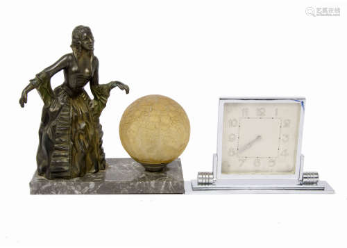 An early 20th Century French table lamp, spelter lady in crinoline, crackled yellow glass globe,