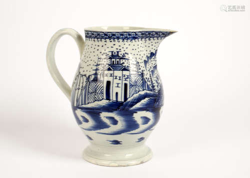 A pearlware jug attributed to Liverpool, circa 1780 hand painted in under glaze blue with a