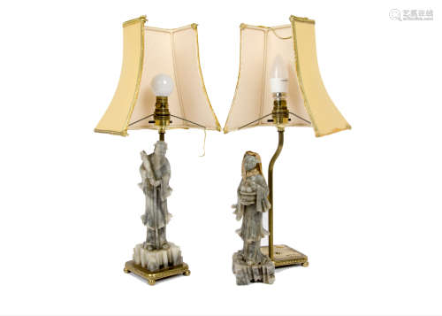 A pair of table lamps with Chinese soapstone models of an old man and woman, 47 cm high including