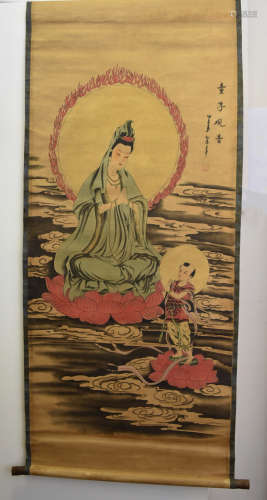 Two Chinese printed and coloured paper scrolls, one depicting a seated princess, the other Guylian