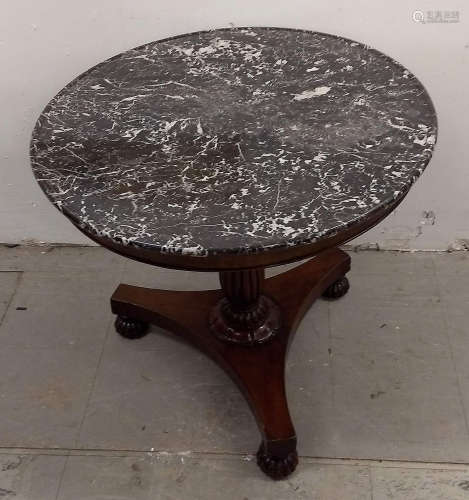 A William IV mahogany and marbled topped circular table, single fluted and naturalistic column,