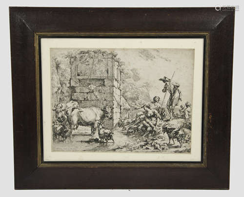 Nicolaes Pieterszoon Berchem (1620-1683) etching, 'Drinking Cow', 28 cm x 37.5 cm, framed and