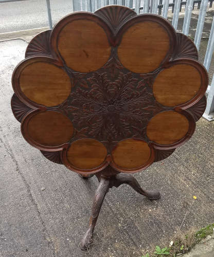 A 19th Century tilt-top table, octofoil top with shell and floral carved decoration, birdcage with