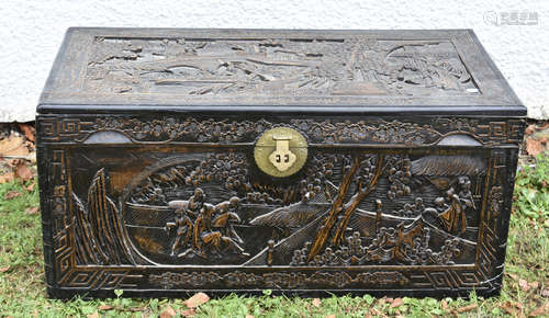 An Asian camphor wood chest with hinged lid, 102 cm wide x 50 cm deep x 48 cm high. Together with