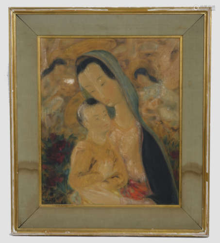 20th Century Chinese School oil on board, 'Mother and Child', signed with character marks (lower