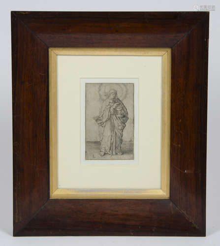 Lucas van Leyden (1494 - 1533) etching, 'St. John the Evangelist', 11.8 cm x 7.3 cm, framed and