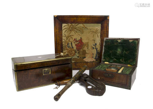 A 19th Century rosewood and oak, brass-bound writing slope, Bramah lock, fold out top, green leather