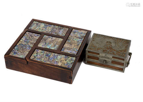 A Japanese hardwood and abalone puzzle box, 20 cm sq. Together with an early 20th Century Chinese