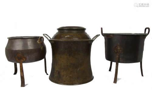 Two 19th Century copper jardinieres, iron handles and legs. Together with a copper twin-handled