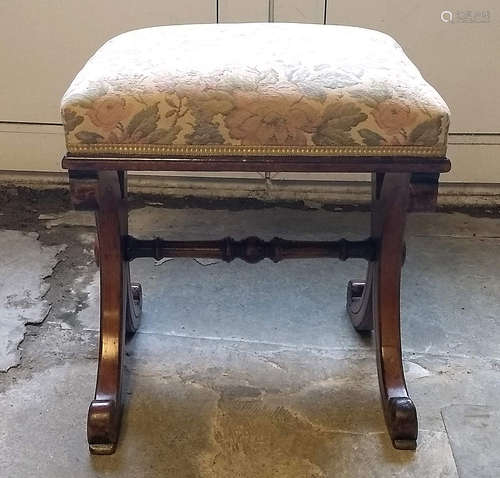 A 19th Century x-framed stool, floral tapestry seat