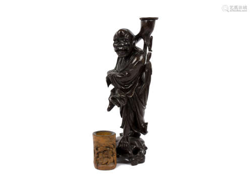 A 20th Century Chinese root carving of an old man on a naturalistic base, 42 cm high. Together