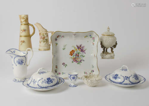 A collection of ceramics, including two Royal Worcester jugs in blush (one af) a reticulated pot