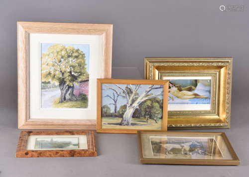 A miscellaneous group of pictures, including oils, watercolours and prints, mostly 20th Century,