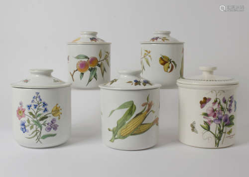 Five Royal Worcester storage jars, featuring designs from the 'Botanic Garden', 'Evesham' and '