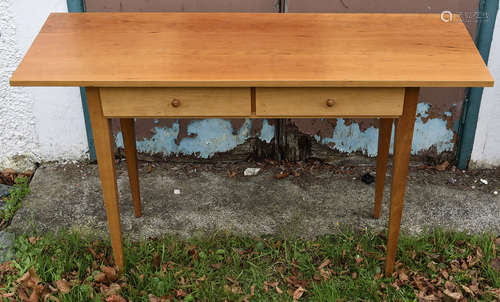 A modern pine console table, two frieze drawers, tapered supports, 122 cm wide x 40 cm deep x 77