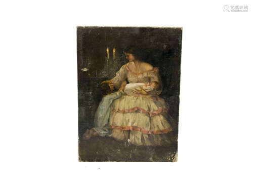 19th Century British School oil on board, 'Mother and Child and Baby by Candlelight', 47 cm x 35 cm
