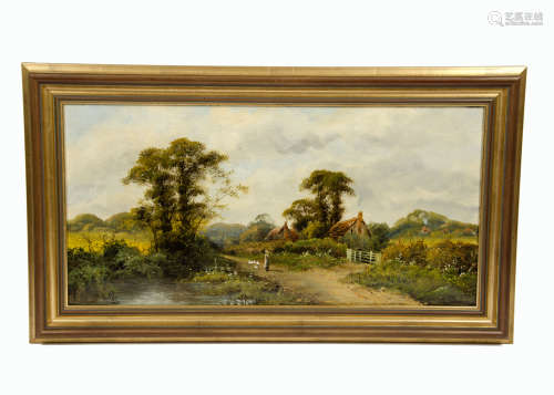 Edwin Cole (b. 1868) oil on canvas, 'Landscape with Woman and Ducks on a Country Path', signed '
