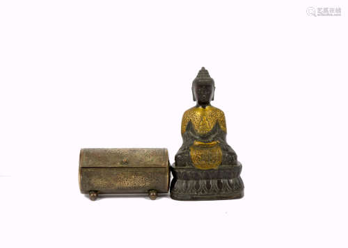 Chinese metal figure of a Buddha, seated in dhyanasana with his hands clasped in a gesture of