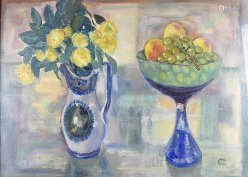 •Donald Moodie (1892-1963) oil on canvas, 'Still Life with Jug of Flowers and Bowl of Fruit', signed