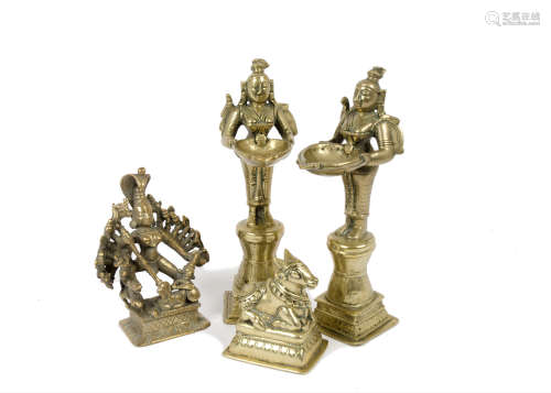 A group of late 19th/ early 20th Century Indian brass models, including Goddess Kali, 13 cm high;