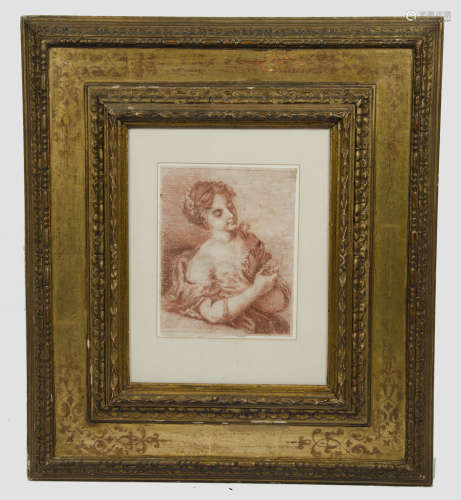 18th Century French School red chalk on paper, 'Young Woman Gazing at a Portrait Miniature', 20 cm x