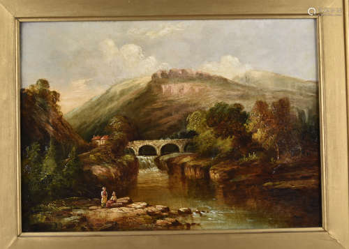 19th Century English School oil on canvas, 'Rural Landscape with Figures by a River', 25 cm x 35.5