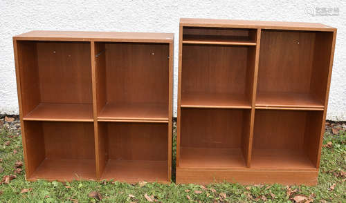 A near pair of 20th Century teak bookcases, adjustable shelves, the larger 76 cm wide x 27 cm deep x