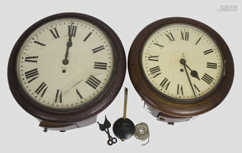 A George VI GPO circular wall clock, 30 hour fusee movement, 34 cm diameter. Together with a similar