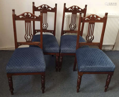A set of four Edwardian mahogany dining chairs, turned supports, modern blue stuffover seats (4)