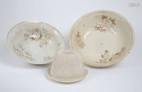A collection of 1st period Belleek, comprising two large bowls, floral decoration in brown, 39 cm